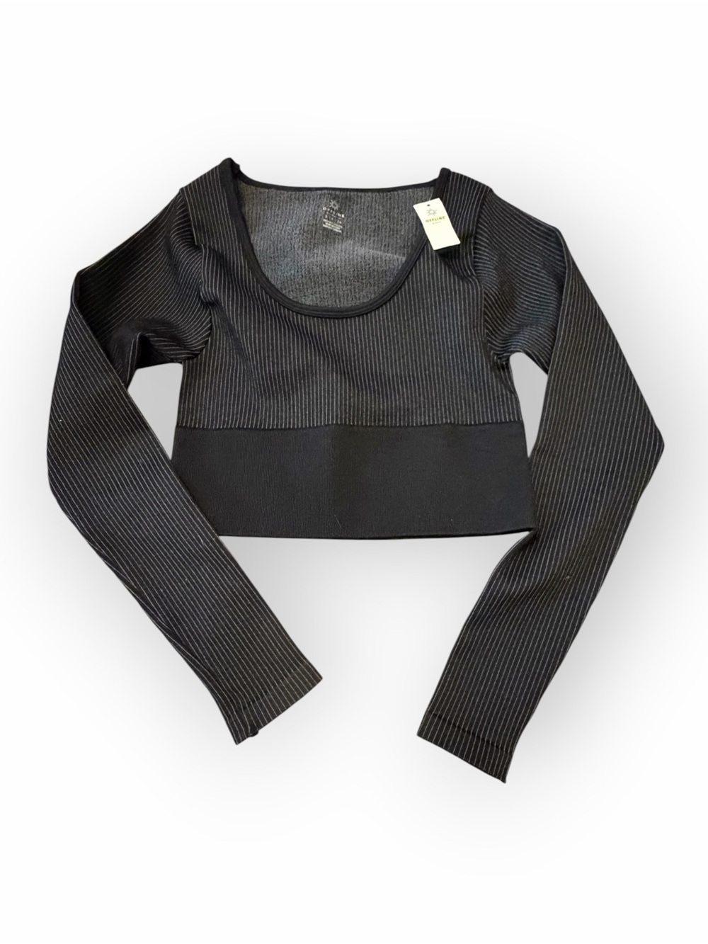 OFFLINE by Aerie Striped Ribbed Long Sleeve Crop Top Black Gray S NWT